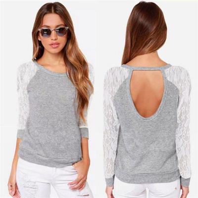 China New Fashion Anti-wrinkle Long Sleeve Blouse Crewneck Backless Lace T-shirt For Women for sale