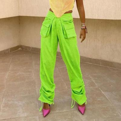 China 2022 spring fashion pants large size casual fluorescent green solid color high waist anti-static pockets pleated straight sports pants for sale