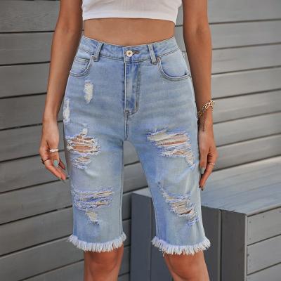 China 2022 Casual High-waist Spring Sustainable Fashion Jeans Leopard-print Straight Stitching Five-point Jeans for sale