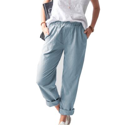 China Solid Color Casual Elastic Band Polyester High Waist Anti-wrinkle Summer New Arrival Cotton Ladies Pants for sale