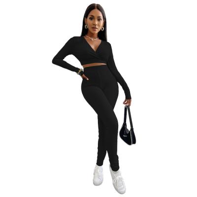 China New Arrival Anti-wrinkle V-Neck Long Sleeve Crop Top High Waist Fitness 2 Piece Pants For Women for sale