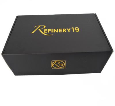 China Recyclable Gold Foil Logo Recyclable Black Paper Corrugated Packing Box Custom Shipping Box For Clothes for sale