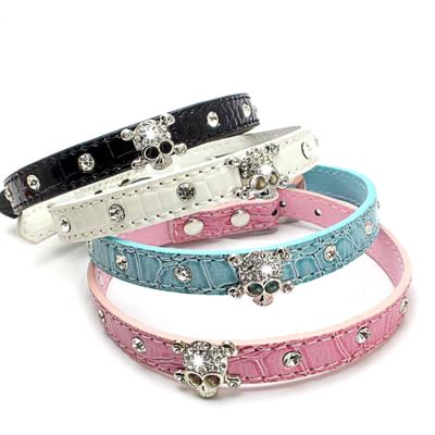 China Stylish Novelty Skeleton Dog Cat Collar Puppy Cute Glitter Viable Diamond Crystal Rhinestone Leather Small Pet Glare for sale