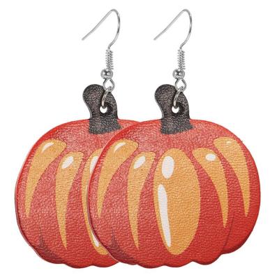 China Halloween FASHIONABLE Faux Leather Teardrop Print Pumpkin Bat Festival Europe Leather Earrings for sale