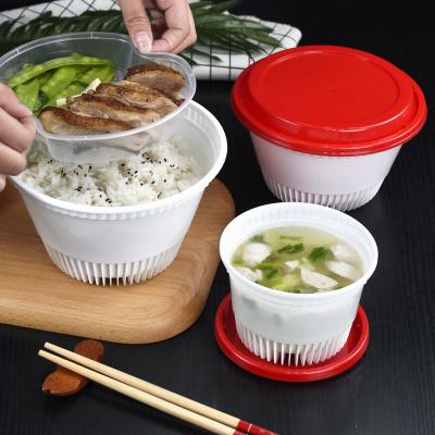 China PP Plastic Microwavable Disposable White Red Disposable Round Two Layer Take Out Hot Soup Bowl With Lid for sale