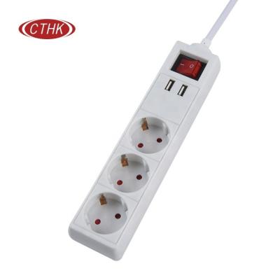 China Easy Installation 3 Outlets 2usb Ports 3 Way Extension Plug With Ground EU Standard With Button With 2/3 Meter Cable Power Strip for sale