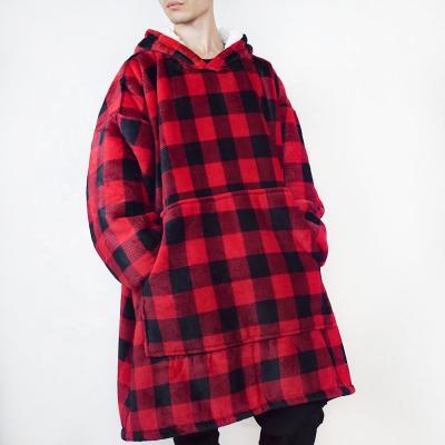 China Custom printed oversized hoodie blanket anti-pilling red plaid sherpa blanket wholesale for sale