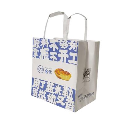 China Custom Recycled Materials Restaurant Food Delivery Take Out Tote Bag Design Your Own Logo Catering Flat Handle Carry White Kraft Paper Bag for sale