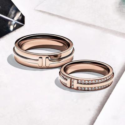 China Punk silver S925 diamond inlaid double t ring luxury wide and narrow couples rings light, niche design, supple for sale