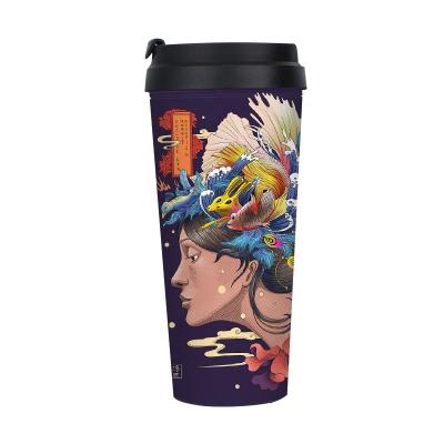 China Hot Sale Plastic On Amazon Advanced Chinese Ukiyo-e Painting Art Reusable Custom 16oz Travel Coffee Mug Wholesale Cheap Eco Friendly à venda