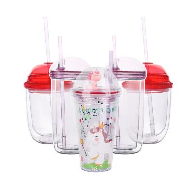 China 16oz Summer Ice Stocked Reusable Coffee Mugs Double Wall Acrylic Plastic Clear Tumblers With Straw And Lid In Bulk for sale