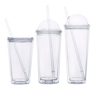 China 2022 Wholesale 16oz Coffee Mug Summer DIY Cold Wall Double Stocked Plastic Tumbler With Straw Lid for sale