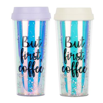 Китай Novelty Creative Unique Funny Custom Travel Cute Double Wall Design Glitter Magic Coffee Mug Plastic Printed Mugs With Logo 9*20*7cm продается