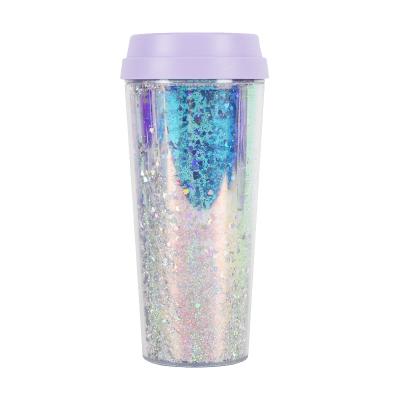 China New Rainbow Logo Cute Clear Photo Insert Disposable Wholesale Plastic Glitter Tumbler Disposable Custom Printed Glitter Tumbler à venda