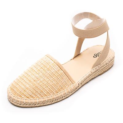 China 2022 cheap and fashion women raffia canvas T ankle strap material beige soft insole basic flat sandals cushioning for sale