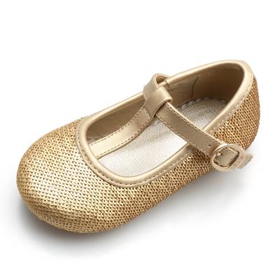 China Cute Round Baby Gold Soft Sequin Upper With T Bar Strap Buckle Around Toe Popular Gold PU Leather Soft Flat Ballets for sale