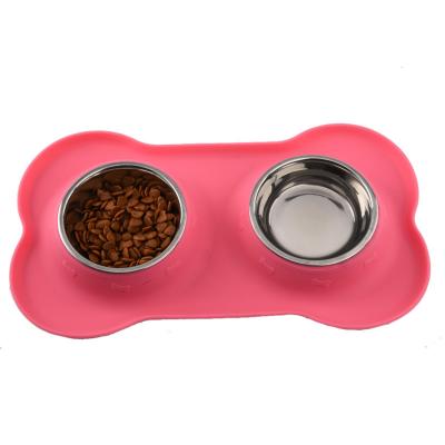 China New Sustainable Bone Shaped Silicone Mat Stainless Steel Dog Pet Bowl for sale