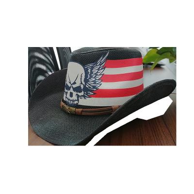 China High Quality Mens Striped Straw Cowboy Hat USA Paper American Flag Painting Straw Cowboy Hat Shapable Brim Sombreros USA Flag for sale