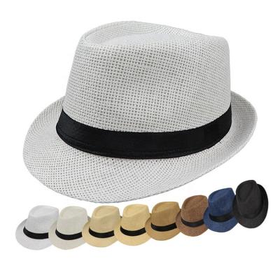 China Striped Paper Beach Straw Hat Logo Custom Printing Summer Sun Straw Fedora Hat Straw Jazz Hat On Ribbon For Promotion Market Team for sale