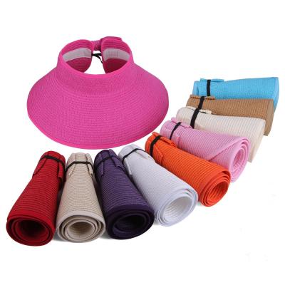 China Women Striped Foldable Fashion Straw Visor Hat Floppy Beach Summer Sun Visor Hat Paper Sombreros for sale