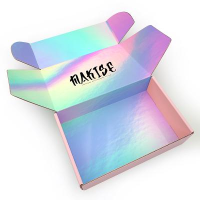 China Recycled Materials Customized Pink Printing Paper Mailer Mailing Boxes Mixed Glitter Rainbow Colors Holographic Packaging Custom Logo Shipping Box for sale