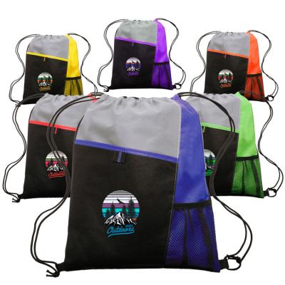 China Factory wholesale custom multi-pocket logo non-woven fabric multi-color splicing drawstring outdoor casual sports backpack custom logo for sale