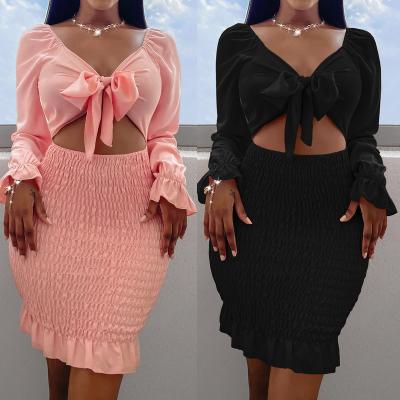 China Fashion Breathable Sexy Crost Ruffle Elegant Dress Fashion Solid Color Long Sleeve Bodycon Dresses Women for sale