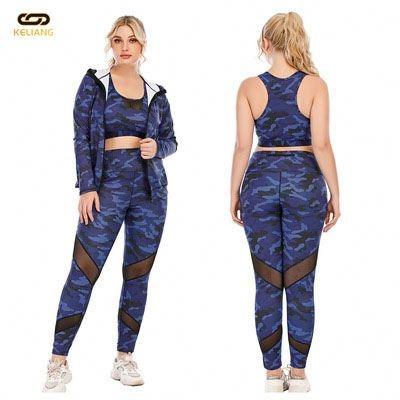 China OEM Breathable 3 Pieces Long Sleeve Crop Top Sets Front Zipper Gym Camouflage Sports Bra Plus Size For Women for sale