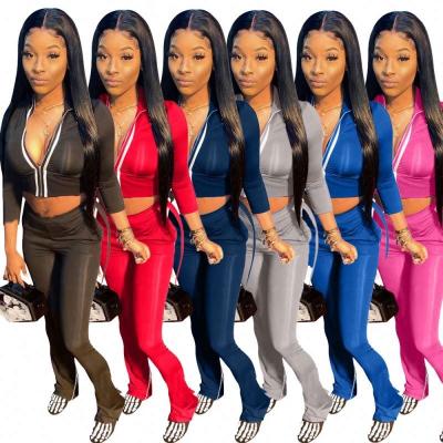 China Wholesale Breathable Multi Color Women Crop Sport Set Jogging Suit Two Piece Top Tights Zipper Sweat Suit Pants With Slit for sale