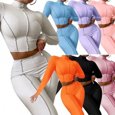 China Breathable Hot Selling Crop Top 2 Piece Sets Women Thread Reverse Design Fitness Wear Long Sleeves Jogging Two Piece Pants Set for sale