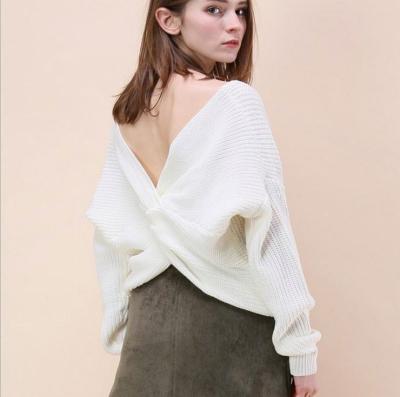 China Autumn Breathable Winter Plus Size Solid Color V-Neck Sweater Coat Women's Backless Sweater Shirts Blouses Oversized Knitted Crop Tops for sale