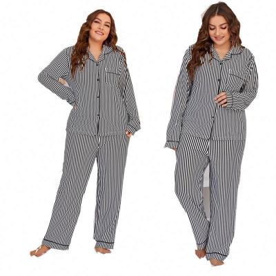 China Wholesale Fashionable Breathable Long Sleeve Plus Size Dressing Gown Women Striped Clothing 2021 Two Piece Pajamas Set for sale