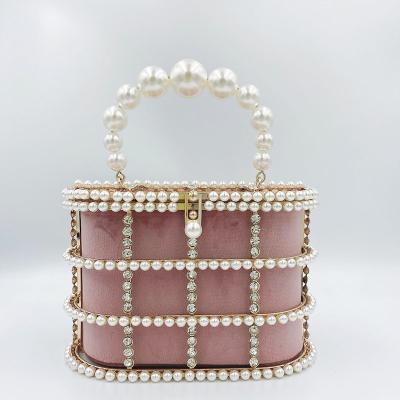 China Fashion Crystal Evening Purses and Grabs Handbags Pearl Top-handle Women's Formal Wedding Metal Bucket Synthetic Bag for sale