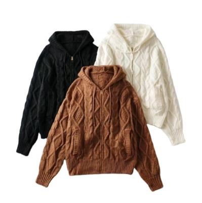 China Autumn High Quality Knitted Anti-wrinkle Hemp Korean Fashion Loose Long Zipper Sweater Hooded Women's Cardigan Sweater Coat for sale