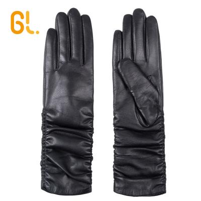 China Ethiopian Custom Long Cuff Women Long Arm Black Tight Goatskin Leather Gloves Winter for sale