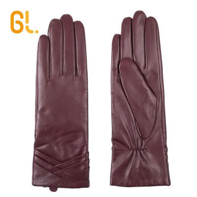 China Wine Red Decorative High Quality Wholesale Sheepskin Cuff Leather Ladies Dressing Gloves for sale