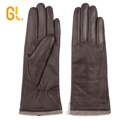 China Wool Cuff GL Brown Custom Driving Sheepskin Genuine Leather Gloves For Women for sale