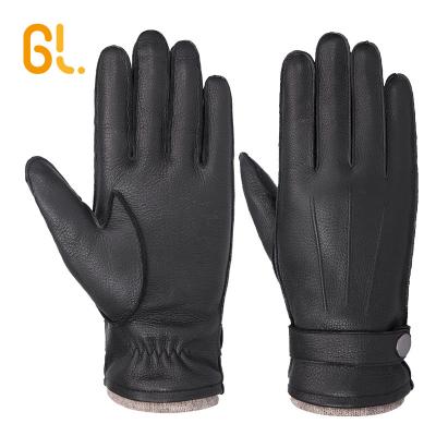 China High quality custom made men's deer skin winter driving leather gloves with real belt and button decoration for sale