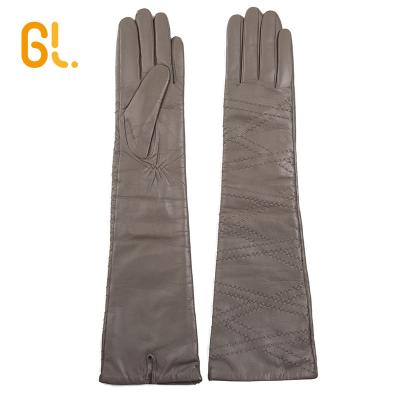 China Sexy Women's Gray Real Sheepskin Leather Gloves Ladies Classic GL67 Long For Wholesale for sale