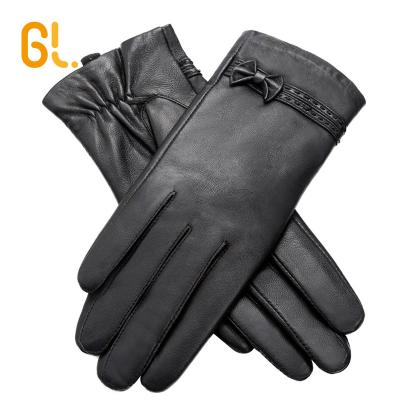 China WL01Brown wholesale custom women polyester GL black skin tight bow decoration winter driving leather gloves for sale