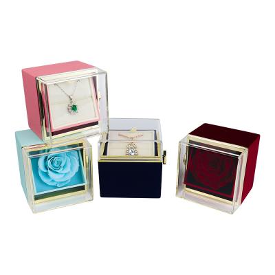 China Wholesale Newest New Arrival Exquisite Revolving Surprise Preserved Roses Jewelry Box Luxury Ring Pendant Jewelry Display Storage Case for sale