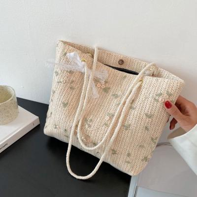 China Single Fashion Women's Straw Woven Bag Handbags For Large Capacity Shoulder Bag Women's Fashion Lace Bowknot for sale