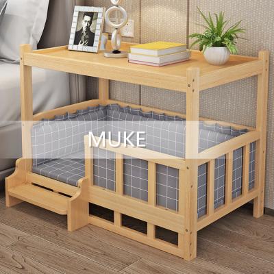 China (Other) Adjustable simple and modern solid wood pet bed with removable bedside cat's table and litter box for sale