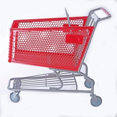 China Unfolding Plastic Shopping Trolleys With Colored Plastic Basket 100L / 150L / 180L / 200L for sale