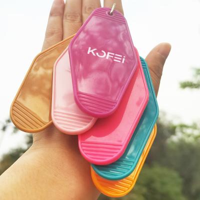 China Durable Wholesale Kofei Custom Logo Hotel Key Chain Colorful Hot Stamping Motel Plastic Key Rings for sale