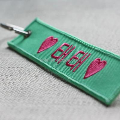 China Durable Kofei Jet Fabric Custom Key Tag/Embroidery Woven Key Chain/Embroidered Key Chain Motorcycle Fabric Tag for sale