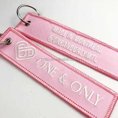 China Kofei Custom Made Durable High Quality Pink Woven Key Chain Promotional Keychain Motorcycle Key Chain Gifts Cars Embroidery Jet Tag for sale