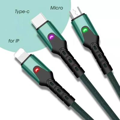 China 2.4A Portable Mobile Phone USB Cable USB 2.0 Fast Charging Nylon Woven Data Cable with LED Lights for sale