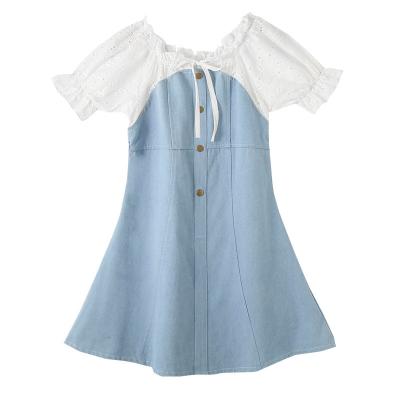 China Summer Teenage Girl Breathable Dressy Dresses Short Sleeve Girl Clothing Lace Decoration Denim Dress Kids Wear Clothes 14 Years Old for sale