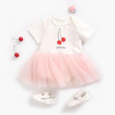 China 0-3 Years Summer Girl Cherry Print Breathable Mesh Pink Stitching Fart Clothes Baby Romper for sale